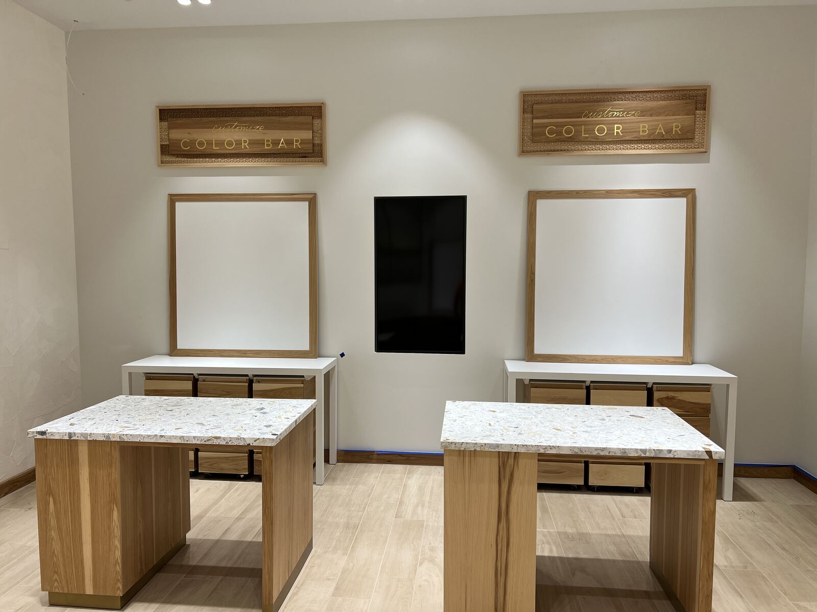 Salon color bar stations with accent lighting